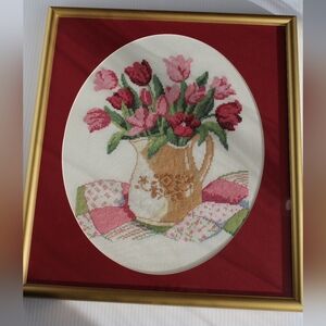 Vintage Spring Floral Cross-Stitch Art in Gold Frame